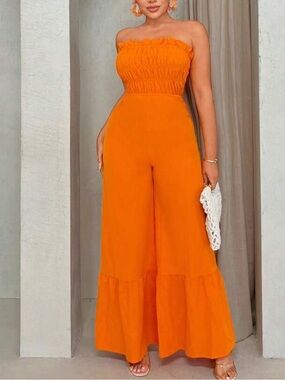 SHEIN Bold Orange Strapless Ruffle-Hem Jumpsuit